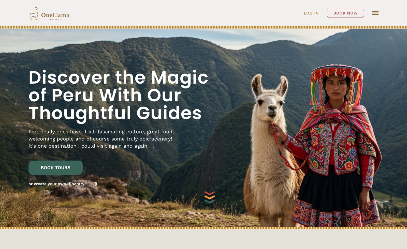One Llama Travels desktop homepage screenshot